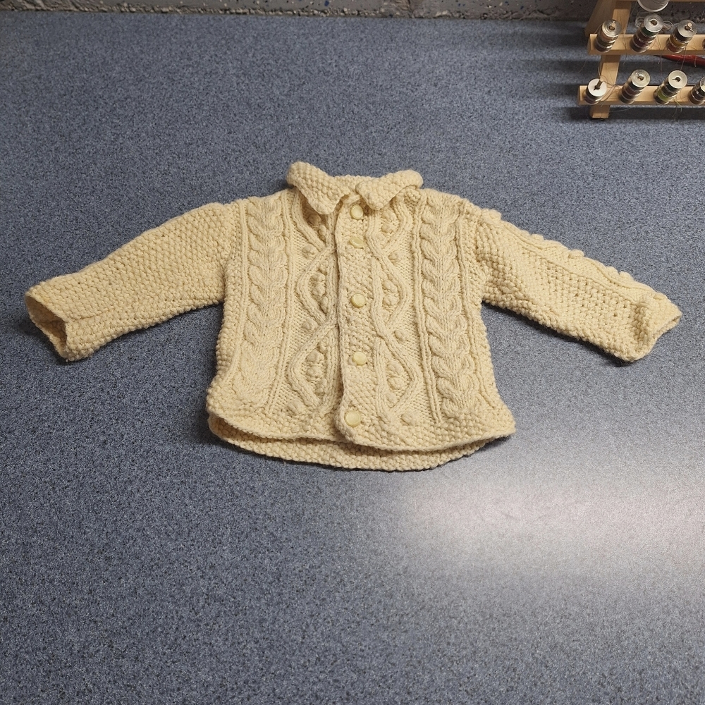 Vintage Handmade Cable Knit Wool Button Down Cardigan, Size 6-12 Months